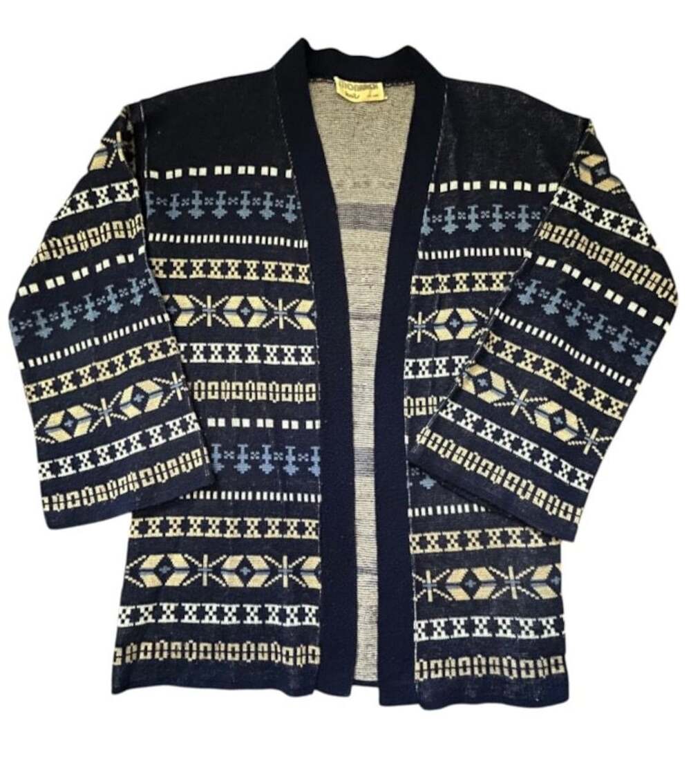 Monarch Knits Vintage Fair Isle Open Front Cardigan Sweater Navy Blue Geometric